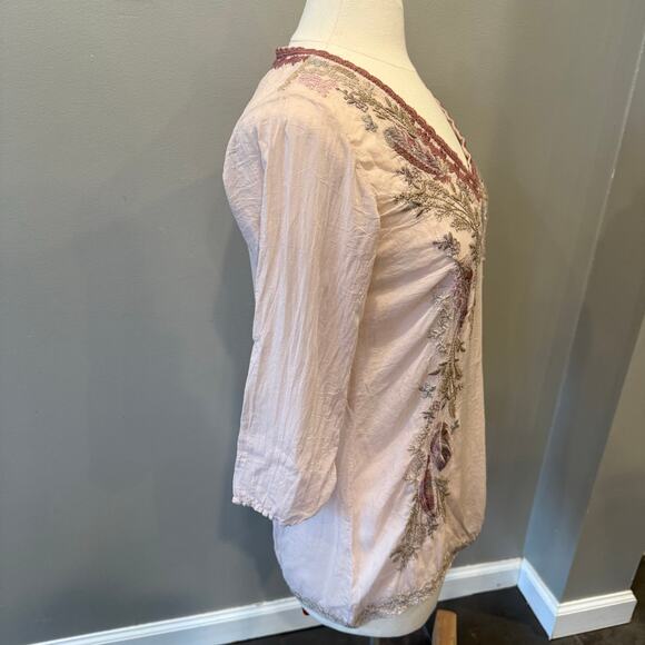 Johnny Was Embroidered Ollie Blouse Sheer Top Tunic Sz XS Whimsy Feminine Pink - Picture 5 of 15